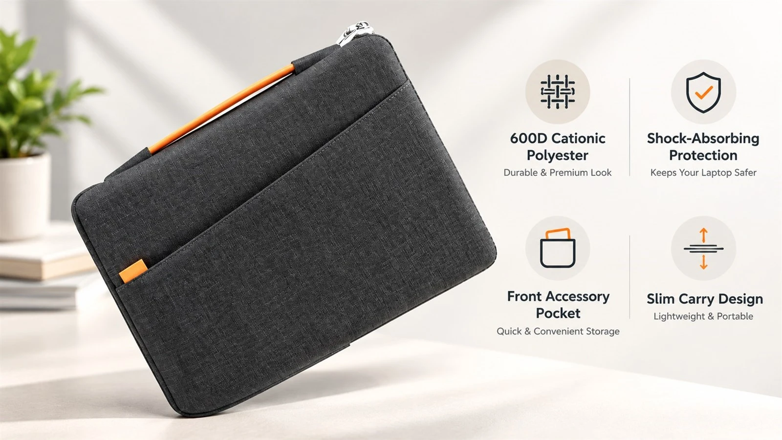 Laptop Sleeve for MacBook with 600D cationic polyester, shock-absorbing protection and front accessory pocket Laptop Sleeve for MacBook with 600D cationic polyester, shock-absorbing protection and front accessory pocket