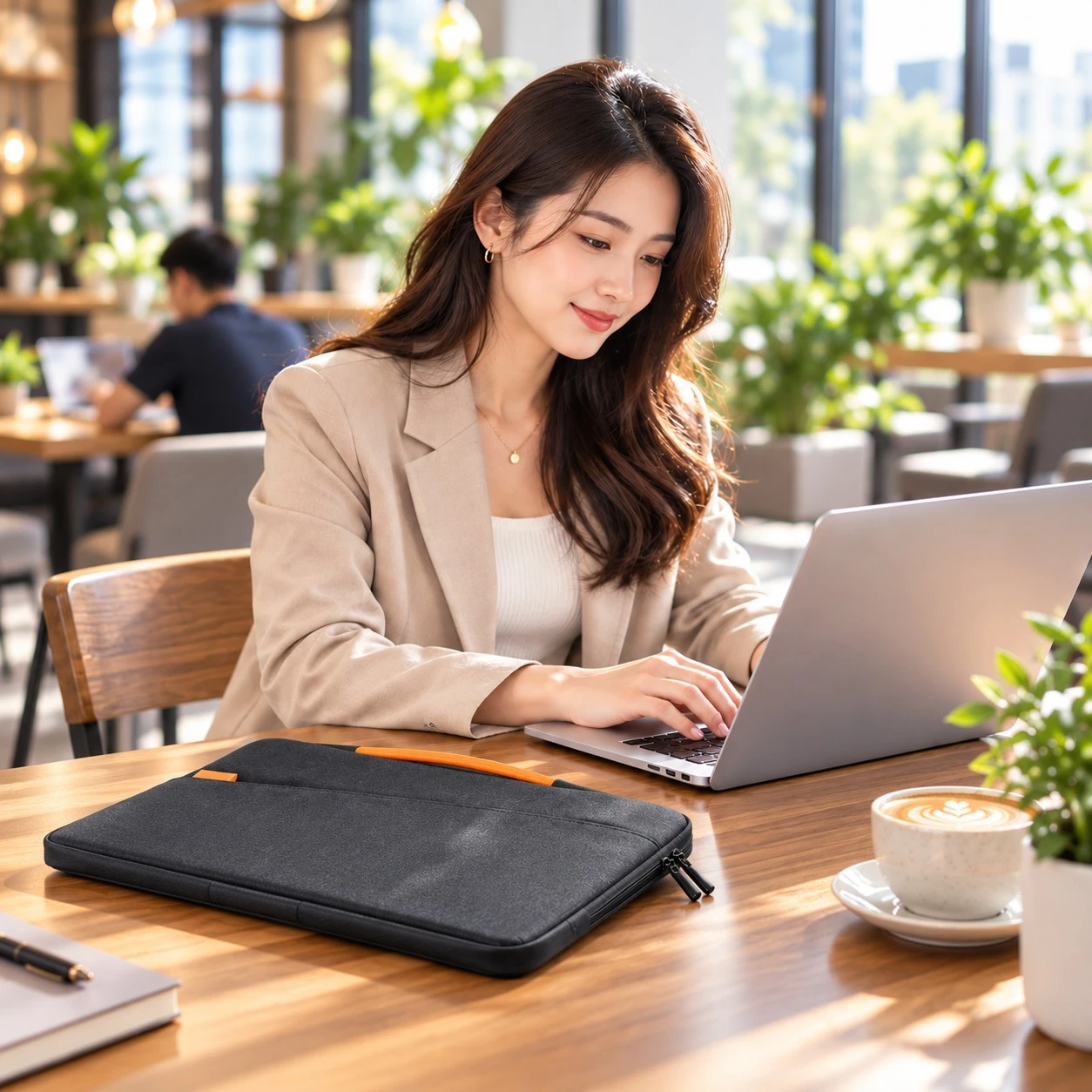Laptop Sleeve for MacBook in a modern coworking café, ideal for business, commuting and mobile work Laptop Sleeve for MacBook in a modern coworking café, ideal for business, commuting and mobile work